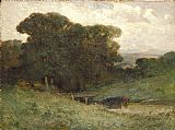 forest scene with bridge, cows in stream in foreground by Edward Mitchell Bannister